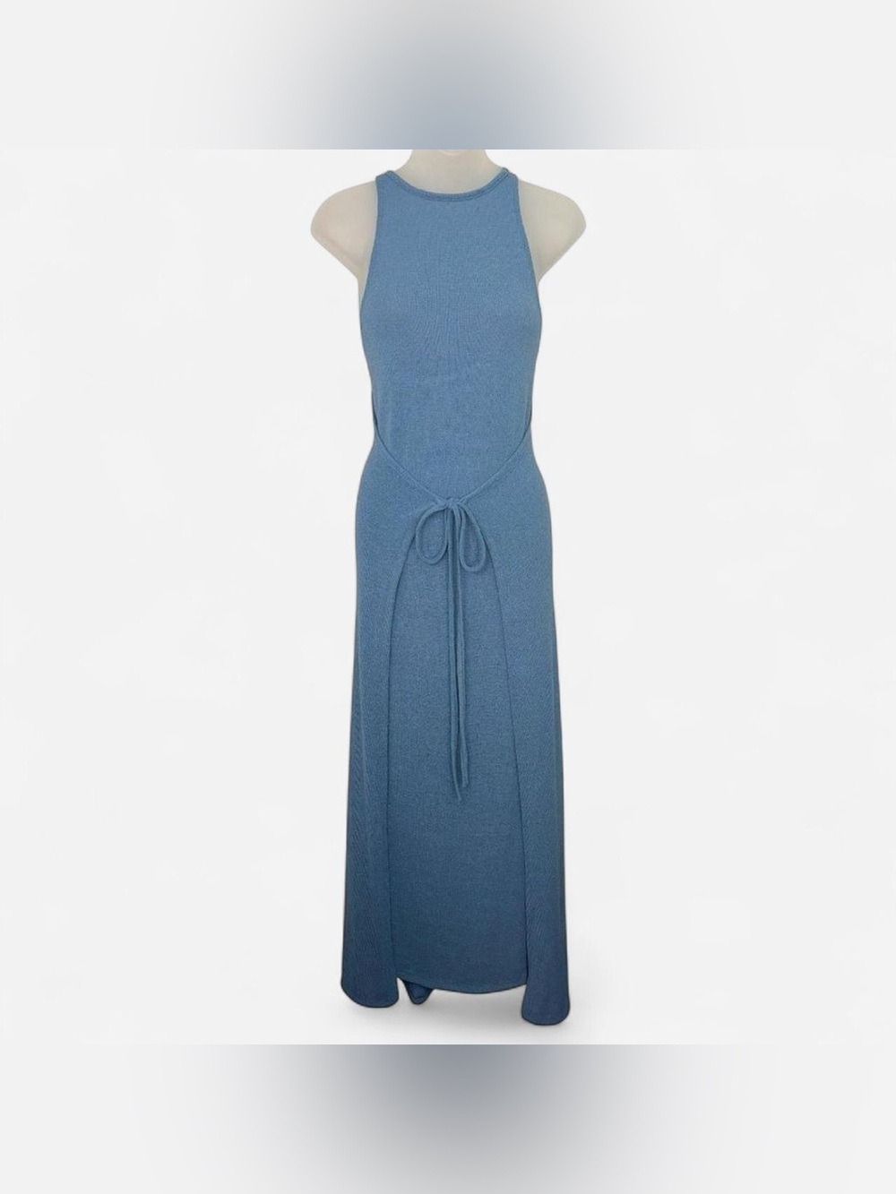 SHEIN Blue Knit Maxi Dress Tie Waist Sleeveless Size 6 Medium